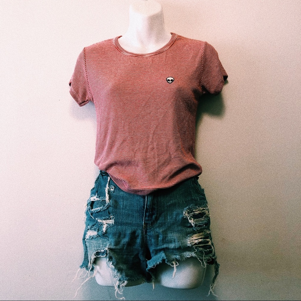 Brandy Melville Striped Alien Patch Tee
